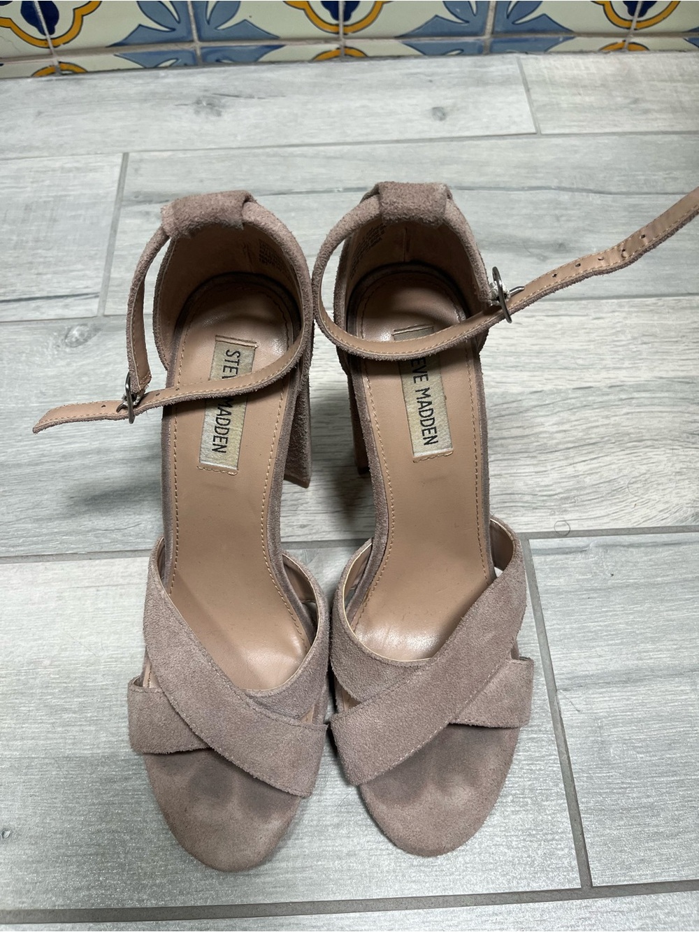 STEVE MADDEN - Blush Nude Suede Block Heel Sandals - Picture 2 of 7